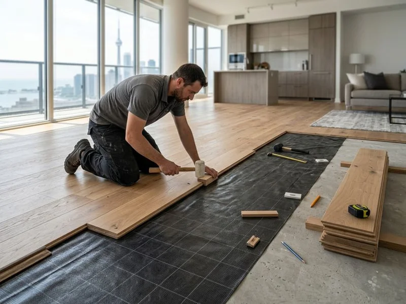 Commercial hardwood flooring installation in Toronto office space with wide-plank European White Oak