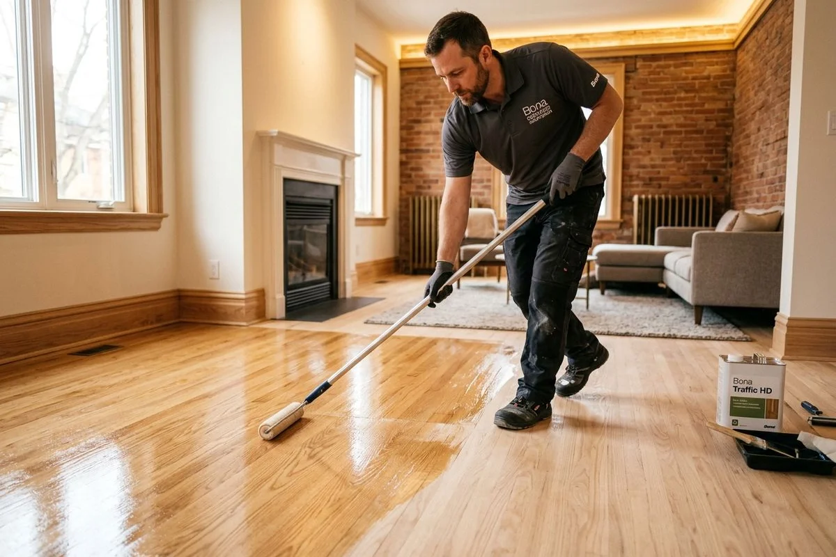 Bona Certified craftsman applying screen and recoat to hardwood floor