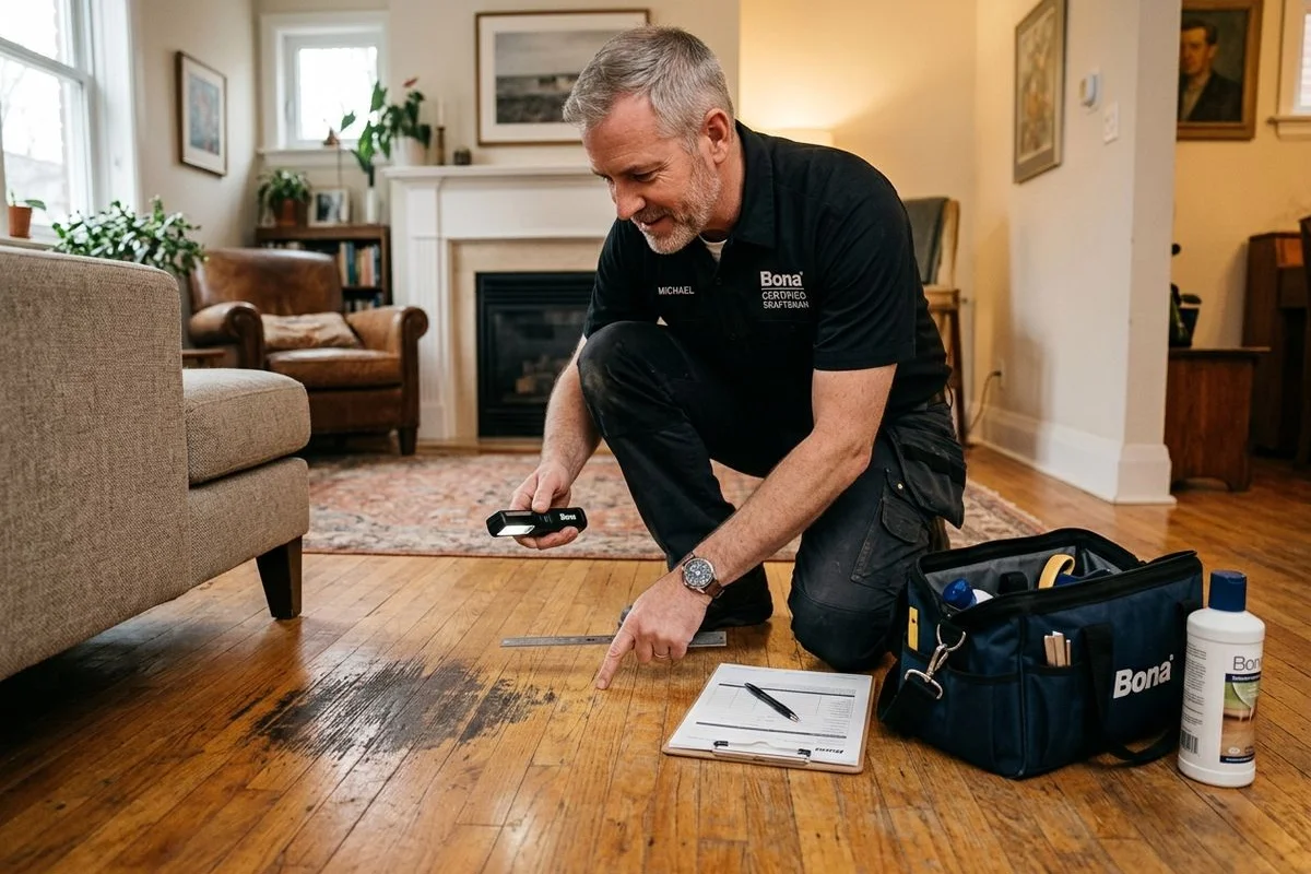 Bona Certified craftsman evaluating hardwood floor before recoating