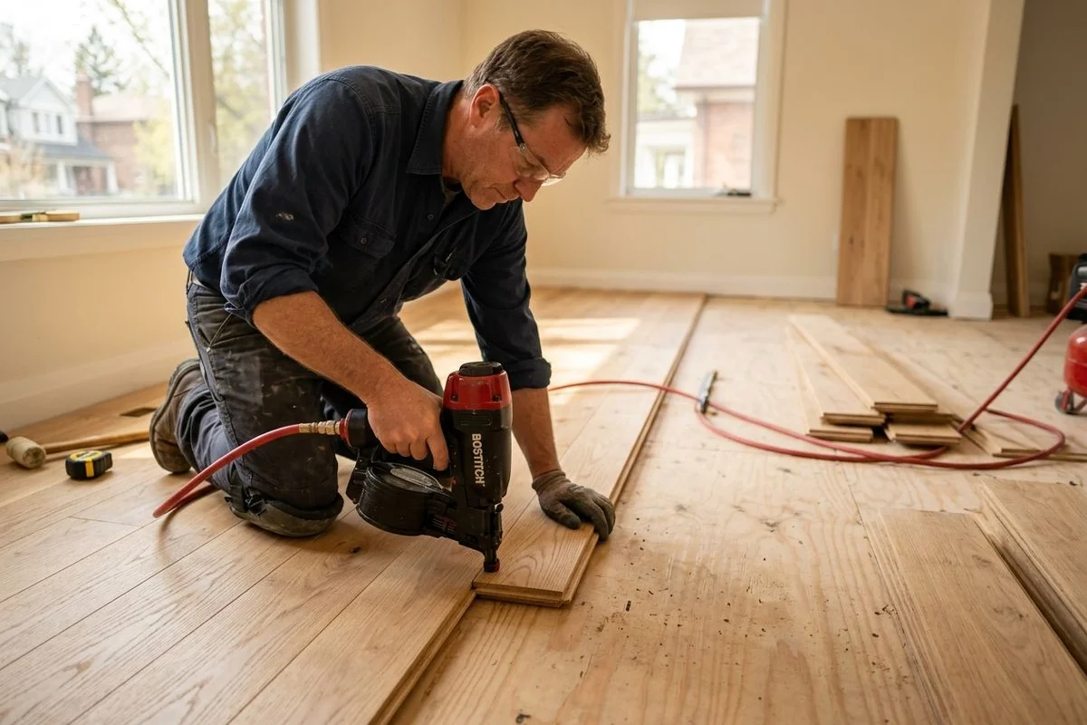 Installer nailing hardwood stair tread during Toronto staircase installation
