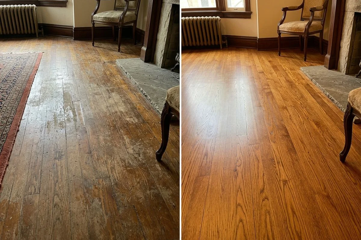 Side by side comparison of worn hardwood floor before and after recoating