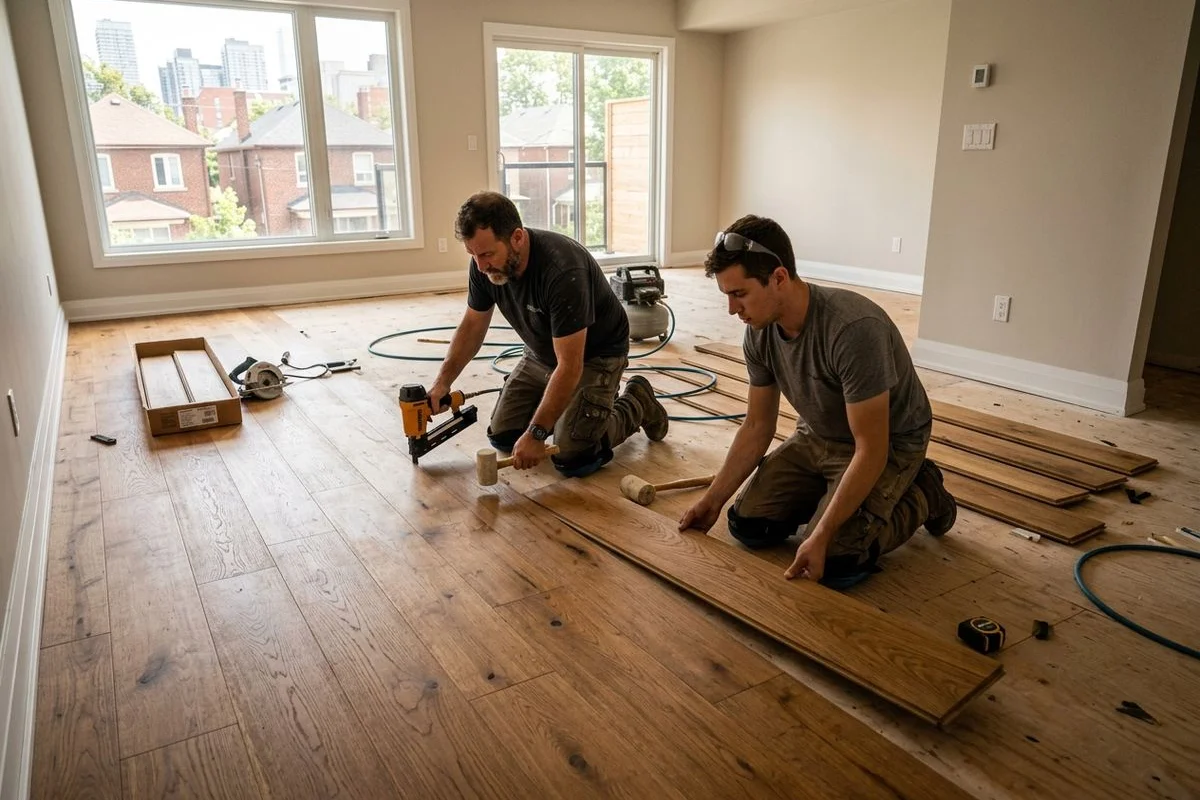 Two installers laying wide-plank Oak hardwood across commercial Toronto space