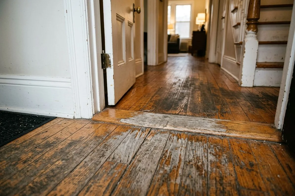 Worn Red Oak hardwood floor showing dull finish and wear patterns needing recoating